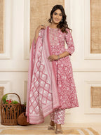 Yufta Mauve Floral Print Anarkali Style Kurta And Trousers With Dupatta Set