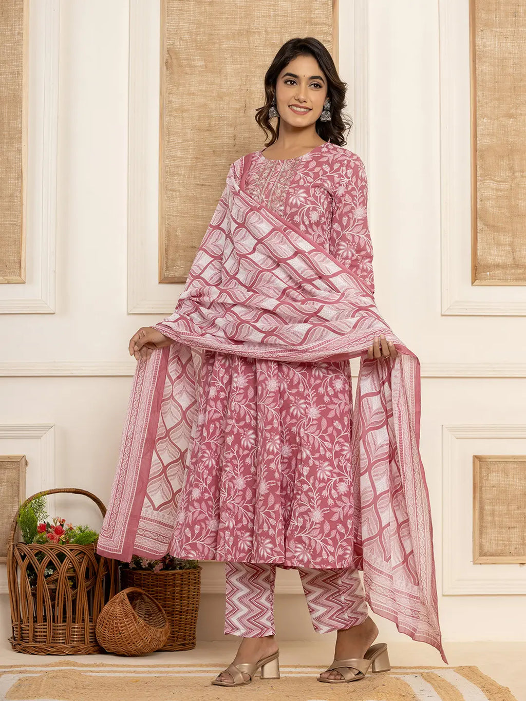Yufta Mauve Floral Print Anarkali Style Kurta And Trousers With Dupatta Set