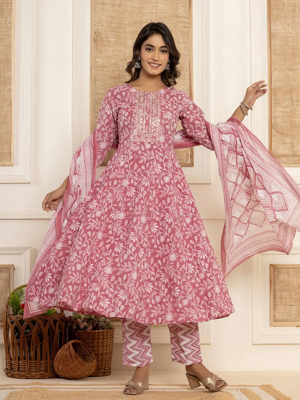 Yufta Mauve Floral Print Anarkali Style Kurta And Trousers With Dupatta Set