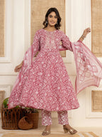 Yufta Mauve Floral Print Anarkali Style Kurta And Trousers With Dupatta Set