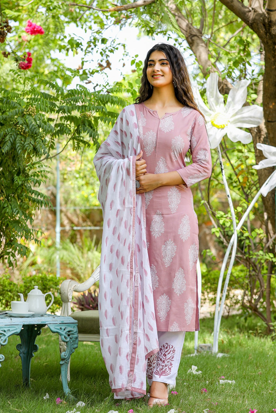 Yufta Mauve & Off White Printed Dupatta Set