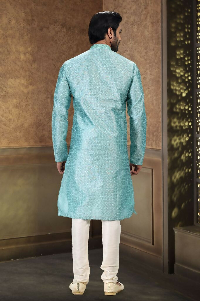 Raivat Ethnic Jacquard Banarasi Silk Thread Work Kurta Pajama In Sky Blue Colour - Distacart