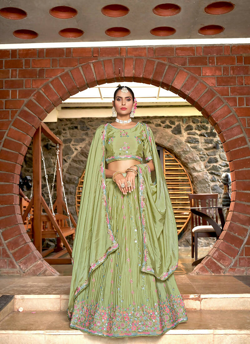 Green Chinon Crushed Sequence and Thread Embroidery Work Lehenga Choli with Dupatta - Viharini