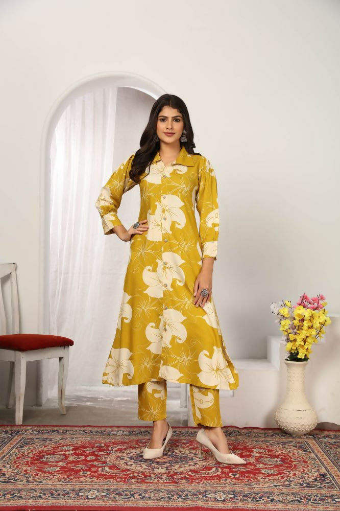 Jyoti Fashion Women's Mustard Rayon Floral Print with Side Pocket Kurtis & Sets