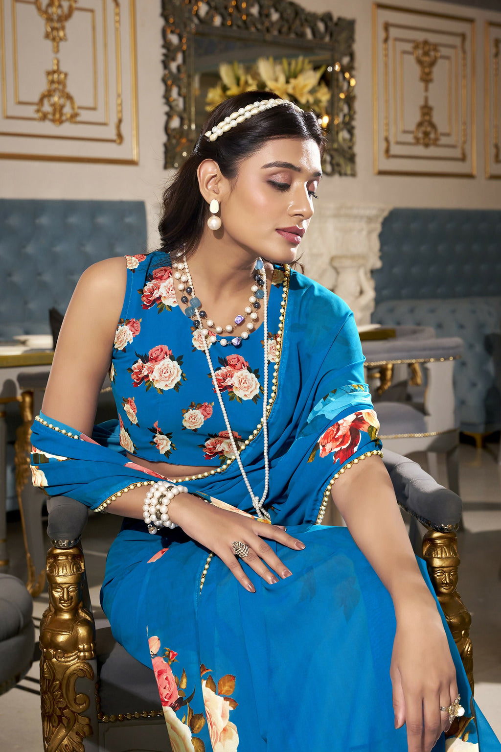 Vastranavya Firozi Spectacular Georgette Printed with Pearl Lace Saree with Unstitched Blouse - Distacart