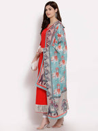 Myshka Women's Red Cotton 3/4 Sleeve V Neck Solid Casual Anarkali Kurta Dupatta Set