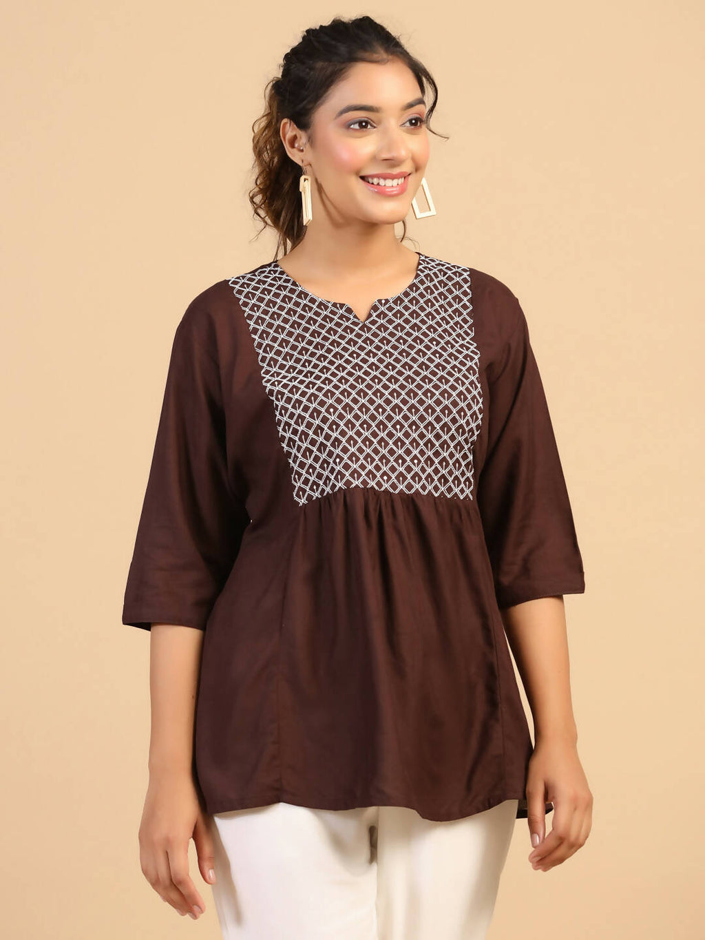 Womens Brown Rayon Yoke Embroidered Top - Keeva