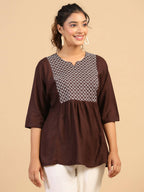 Womens Brown Rayon Yoke Embroidered Top - Keeva