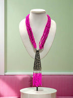 Inhanns Day-To-Dinner Tie Shaped Oxidized Black Metal Multi-Layered Long Only Necklace - Hot Pink
