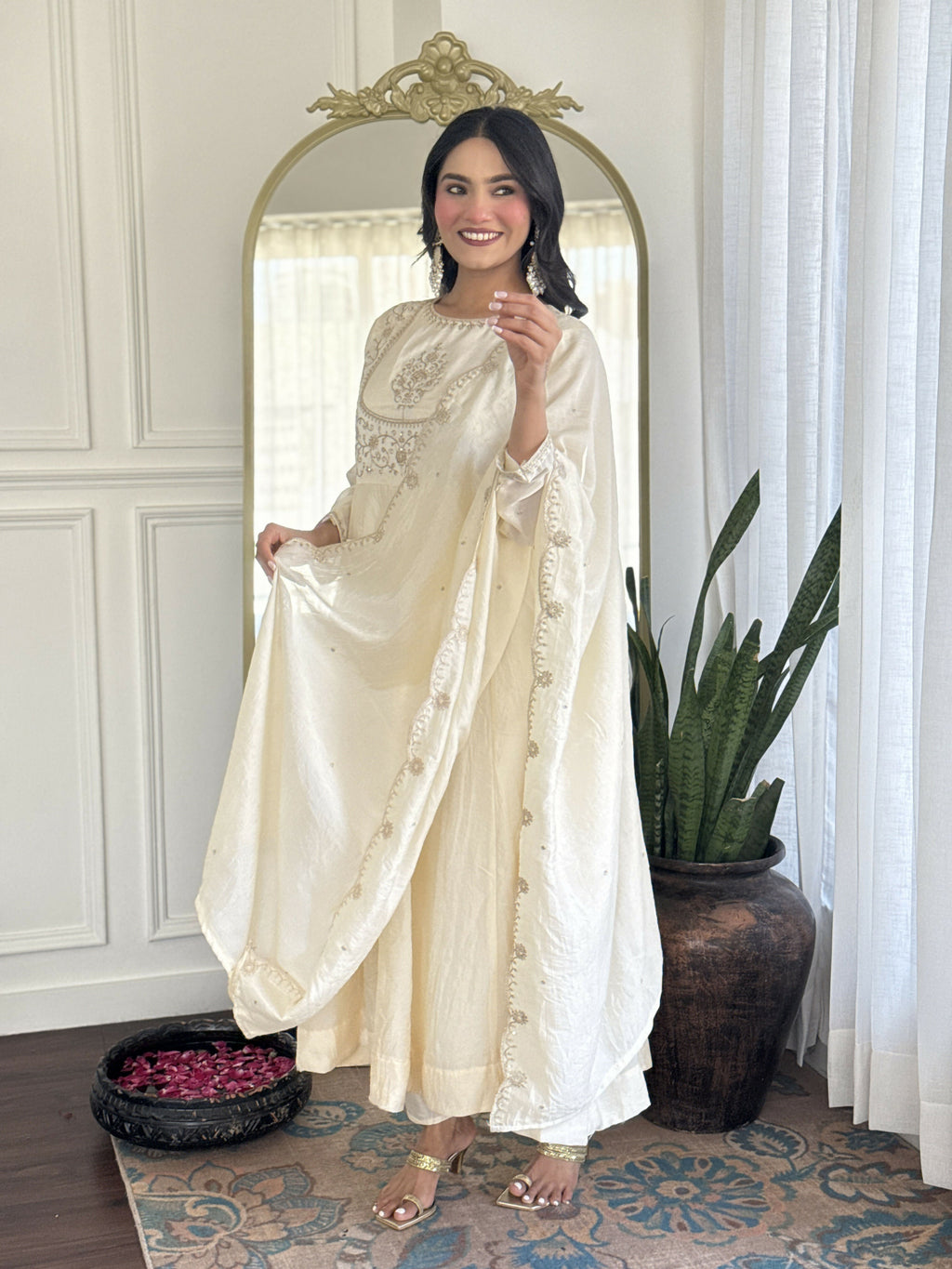 The52 CreamWomen's Gorgeous Embroidered Vichitra Silk Fabric Flared Kurta Pant with Dupatta Set - Distacart