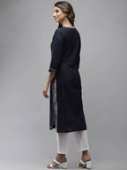 Yufta Women Navy Blue Yoke Design Mirror Work Cotton Kurta