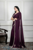 Morchari Wine Chiffon Hand Embroidery Saree And Stitched Blouse - Distacart