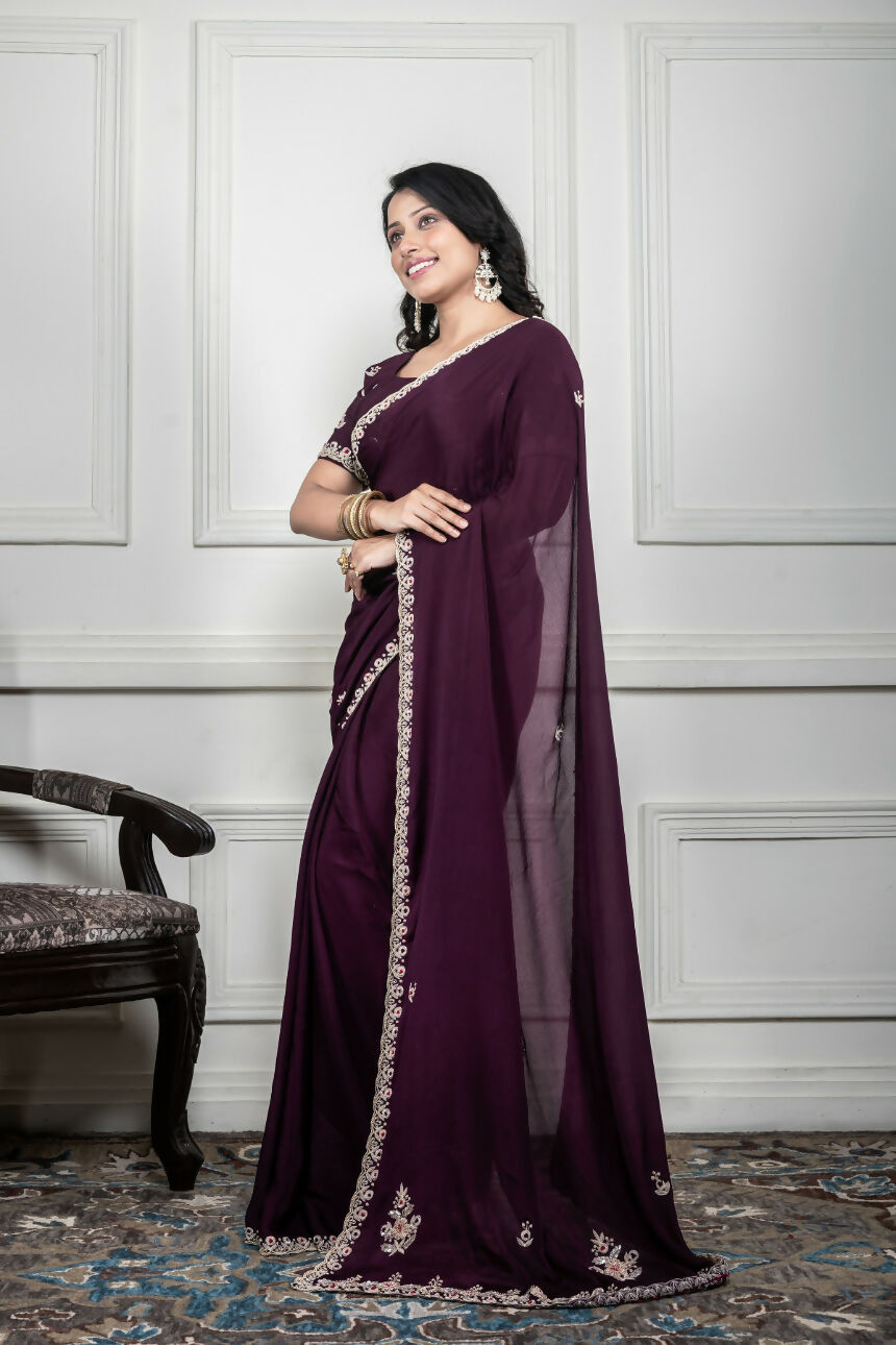 Morchari Wine Chiffon Hand Embroidery Saree And Stitched Blouse - Distacart