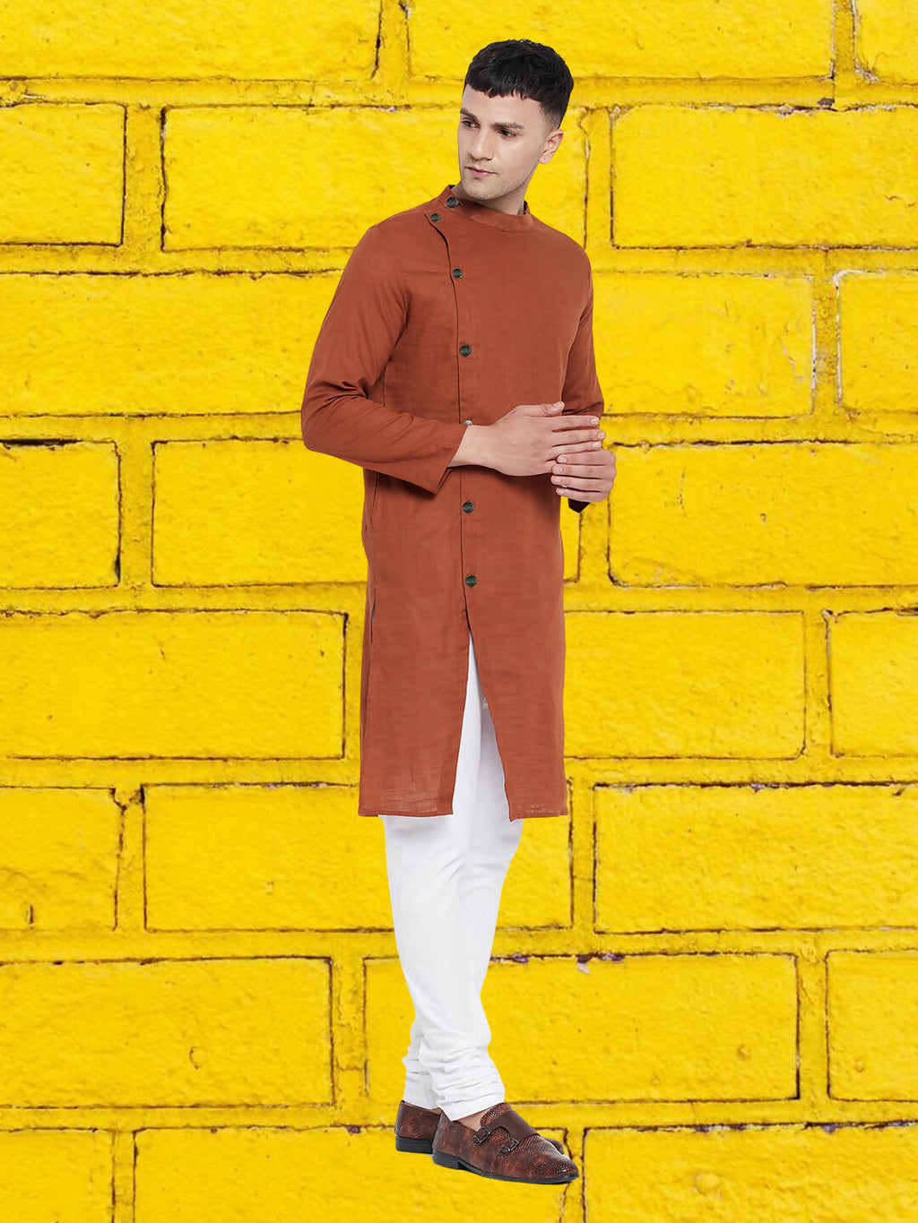 Even Apparels Men's Asymetrical Brown Sherwani Kurta