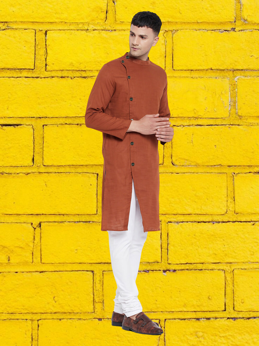 Even Apparels Men's Asymetrical Brown Sherwani Kurta