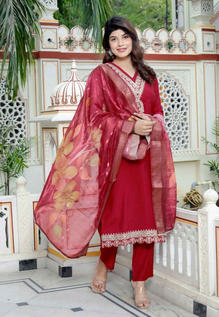 Miravan Women's Embroidered Pure Silk Red Kurta with Palazzo and Dupatta