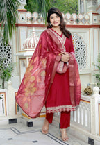 Miravan Women's Embroidered Pure Silk Red Kurta with Palazzo and Dupatta