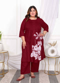 Miravan Women's Plus Size Wine pure cotton floral printed Kurta and palazzo set