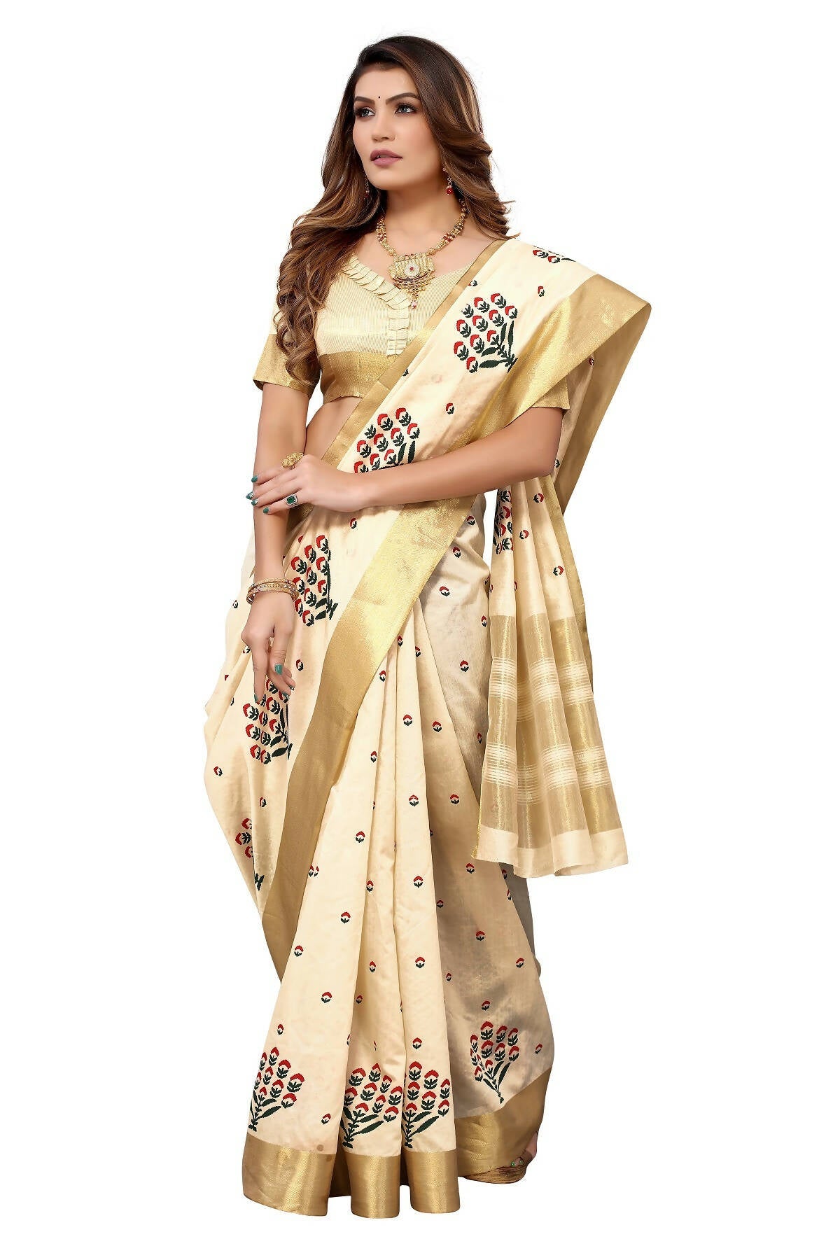 Vamika Cream Weaving Cotton Polyester Silk Saree - Distacart