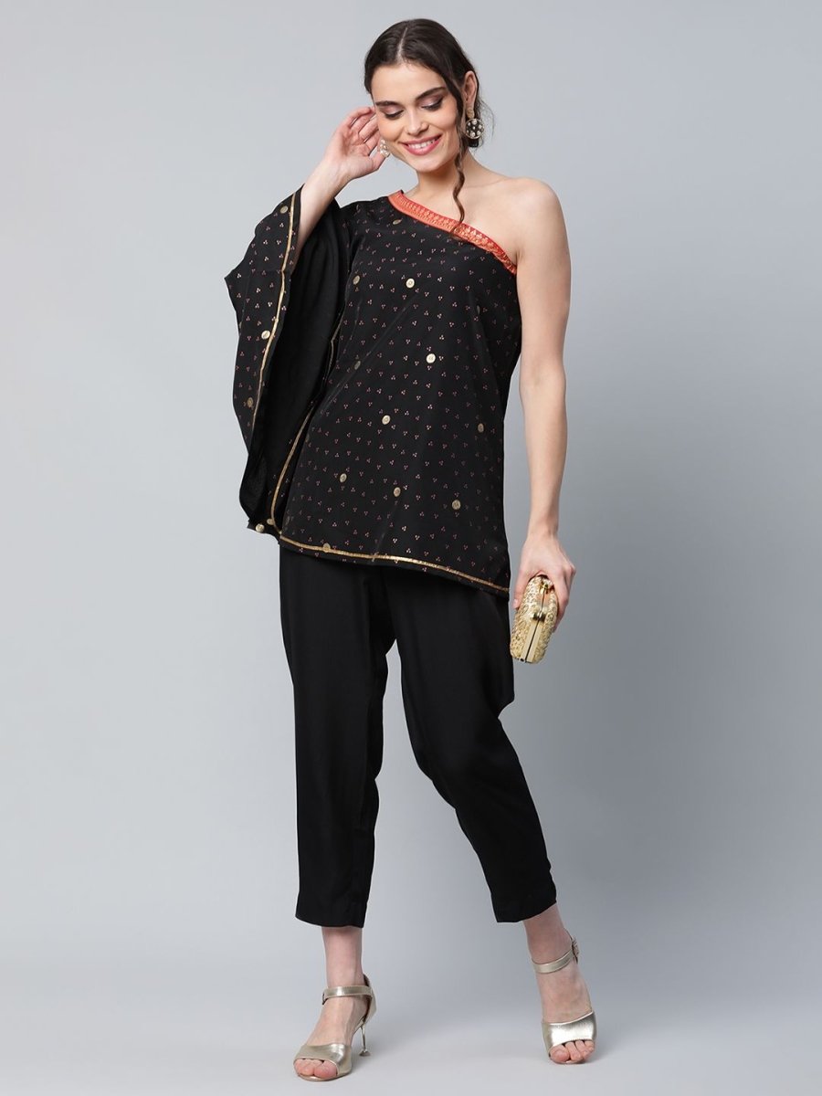 Ahalyaa Women Black Crepe Printed Top with Trouser Set - Distacart