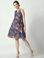 Myshka Women's Blue Floral Printed A-Line Dress - Distacart