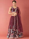 House of Panchhi Burgundy Net Multi colour Thread & Sequinse Work Lehenga & Blouse, Dupatta