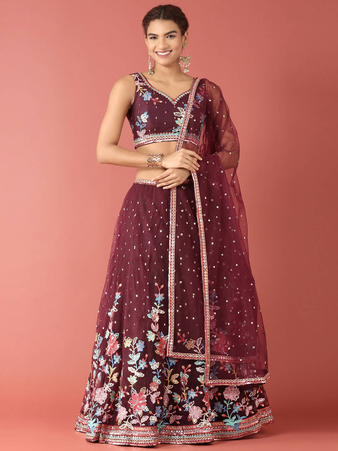 House of Panchhi Burgundy Net Multi colour Thread & Sequinse Work Lehenga & Blouse, Dupatta