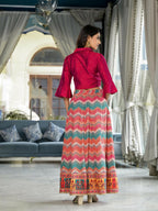 Juniper Women's Multi Ethnic Motif Printed Cotton Crop Top And Skirt With Lace & Button Detail