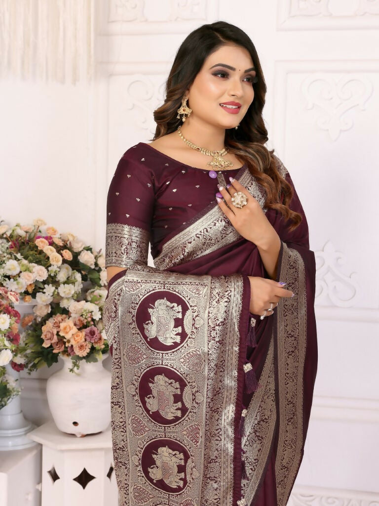 Anaita Dark Brown Banarasi Silk With Beautiful Gala Weaving Saree With Blouse