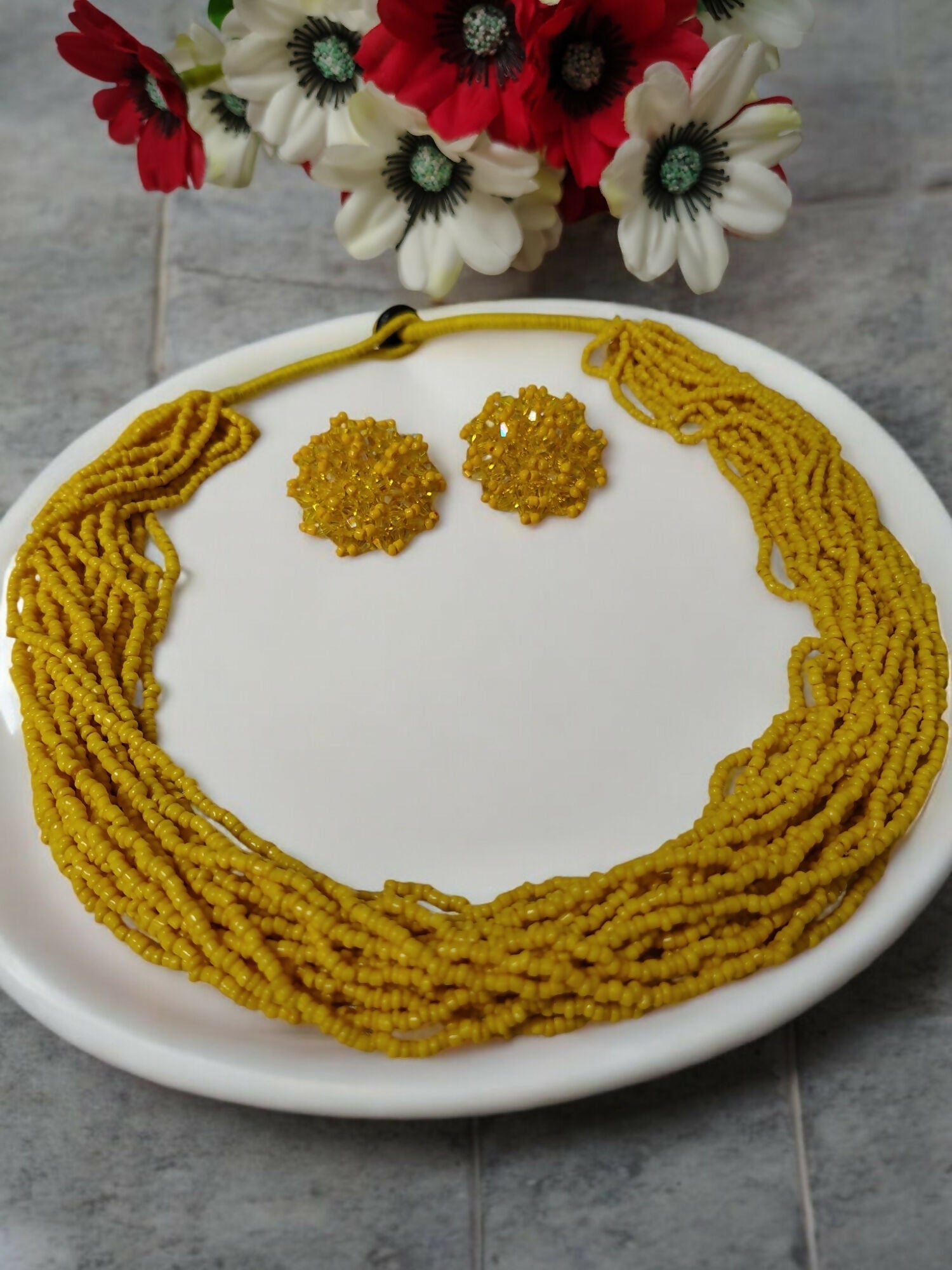 Inhanns Vibrant Handmade 20 Layers Beaded Necklace With Matching Earrings - Yellow