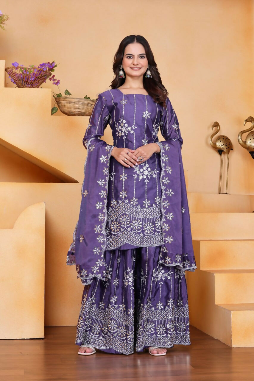 Teeya Creation Lavender Color Chinon Silk Wedding Wear Trending Palazzo Set - Distacart