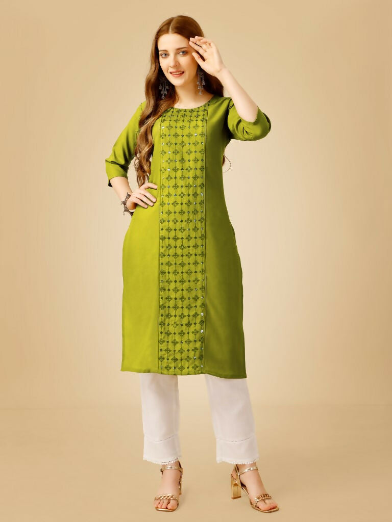 Jyoti Fashion Women's Green Cotton Blend Embroidered Kurta Pant Set