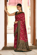 Joban Fashion Hot Pink Crepe Chiffon Pure Handloom Banarasi Silk Saree