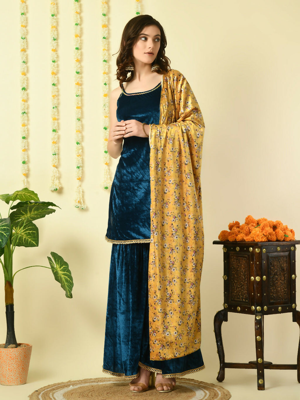 Myshka Women's Teal Velvet Kurti & Sharara With Dupatta Party Sets