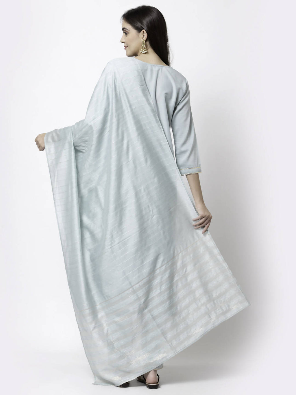 Myshka Grey Silk Blend Embroidered 3/4 Sleeve Round Neck Kurta Pant Dupatta Set