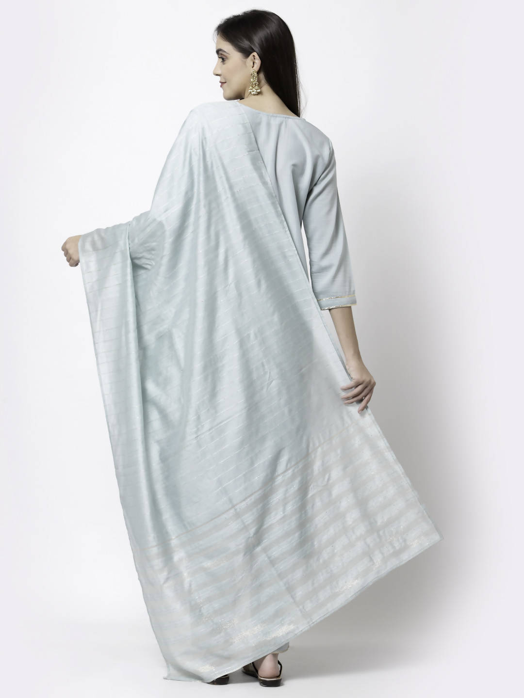 Myshka Grey Silk Blend Embroidered 3/4 Sleeve Round Neck Kurta Pant Dupatta Set