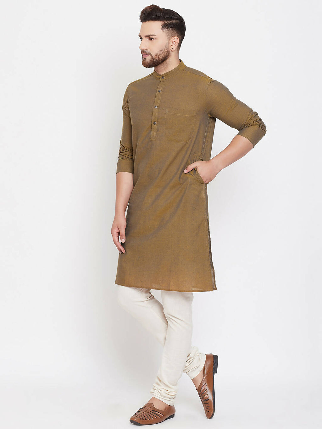 Even Apparels Brown Pure Cotton Men's Kurta With Band Collar - Distacart