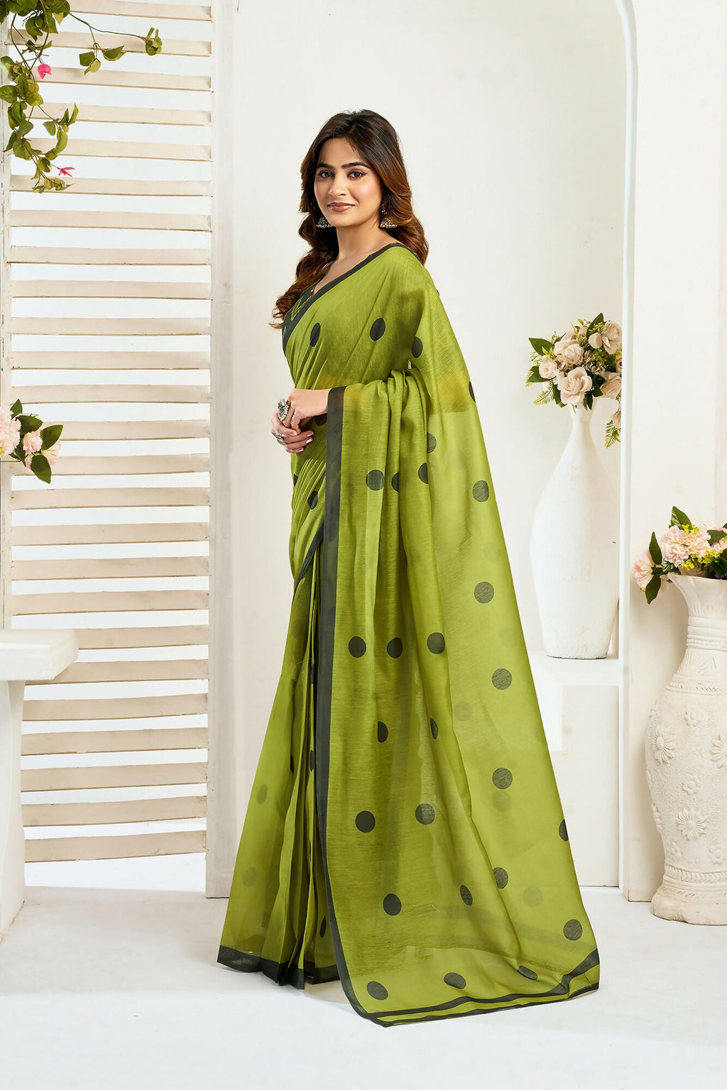 Vastranavya Olive Digital Printed Linen Ready To Wear Designer Saree with Unstitched Blouse - Distacart