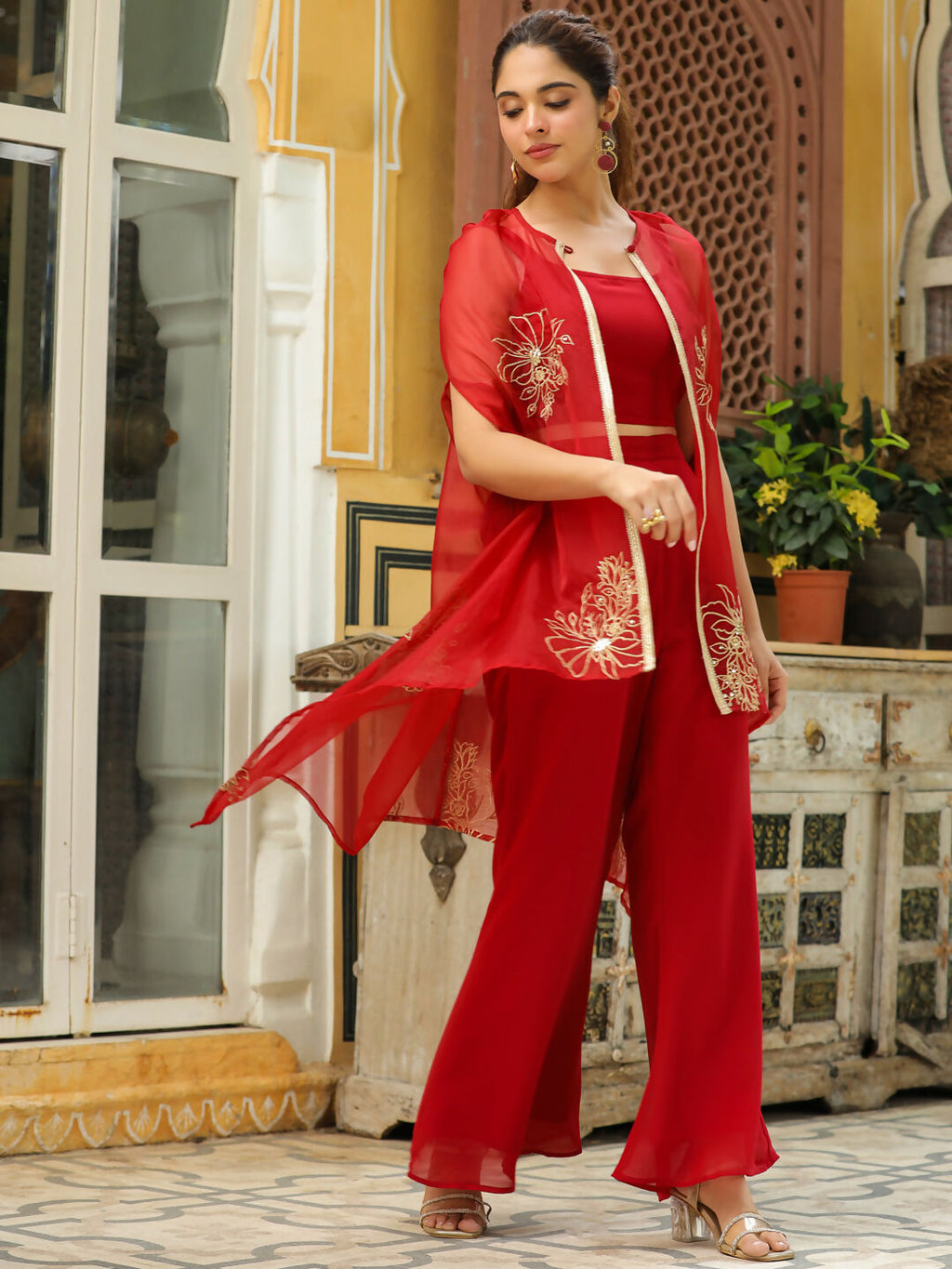 Janasya Maroon Georgette Solid Top Bottom Cape