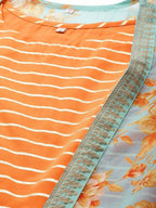 Ahalyaa Women's Orange Crepe Gold Print Top Skirt With Printed Jacket