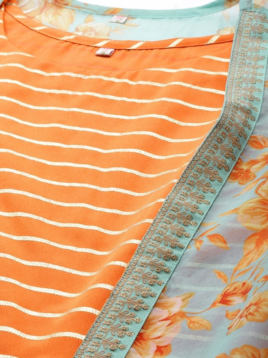Ahalyaa Women's Orange Crepe Gold Print Top Skirt With Printed Jacket