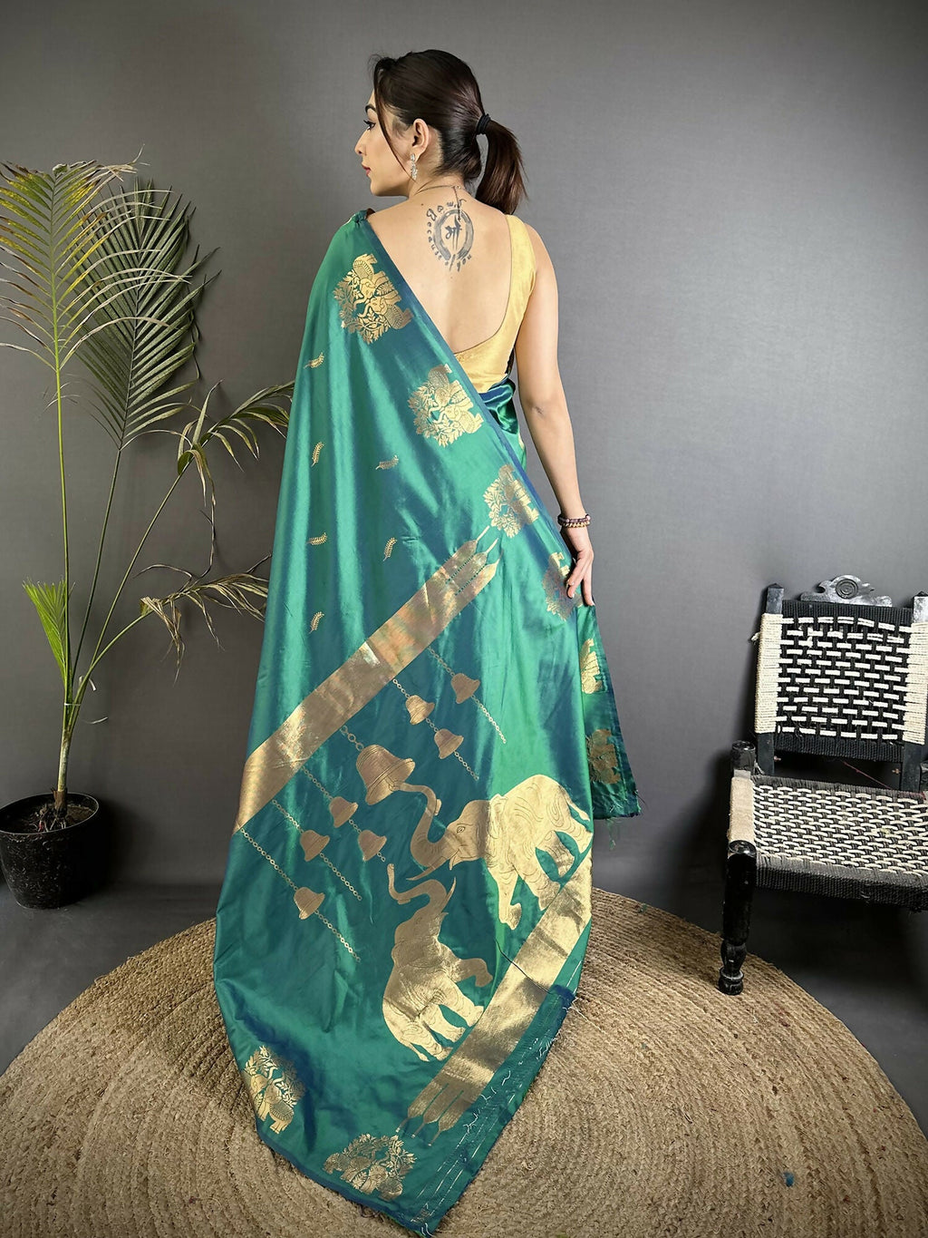 Joban Fashion Dark Teal Motifs Zari Weaving Soft Silk Banarasi Saree