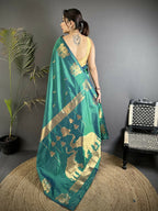 Joban Fashion Dark Teal Motifs Zari Weaving Soft Silk Banarasi Saree