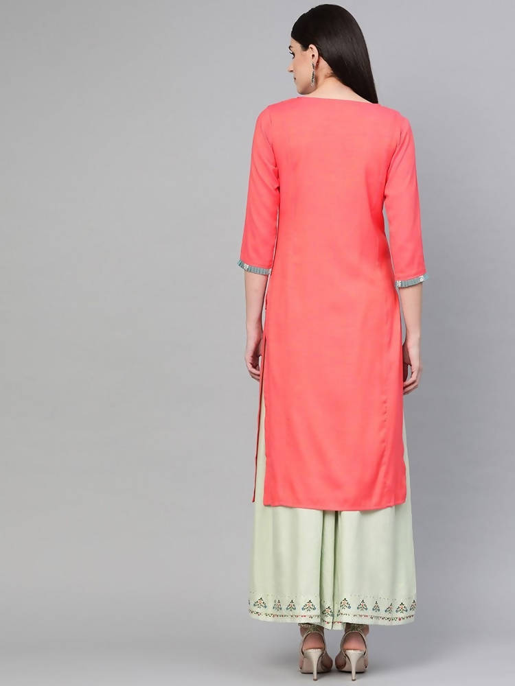 Yufta Women Pink Quirky Embroidered Straight Kurta