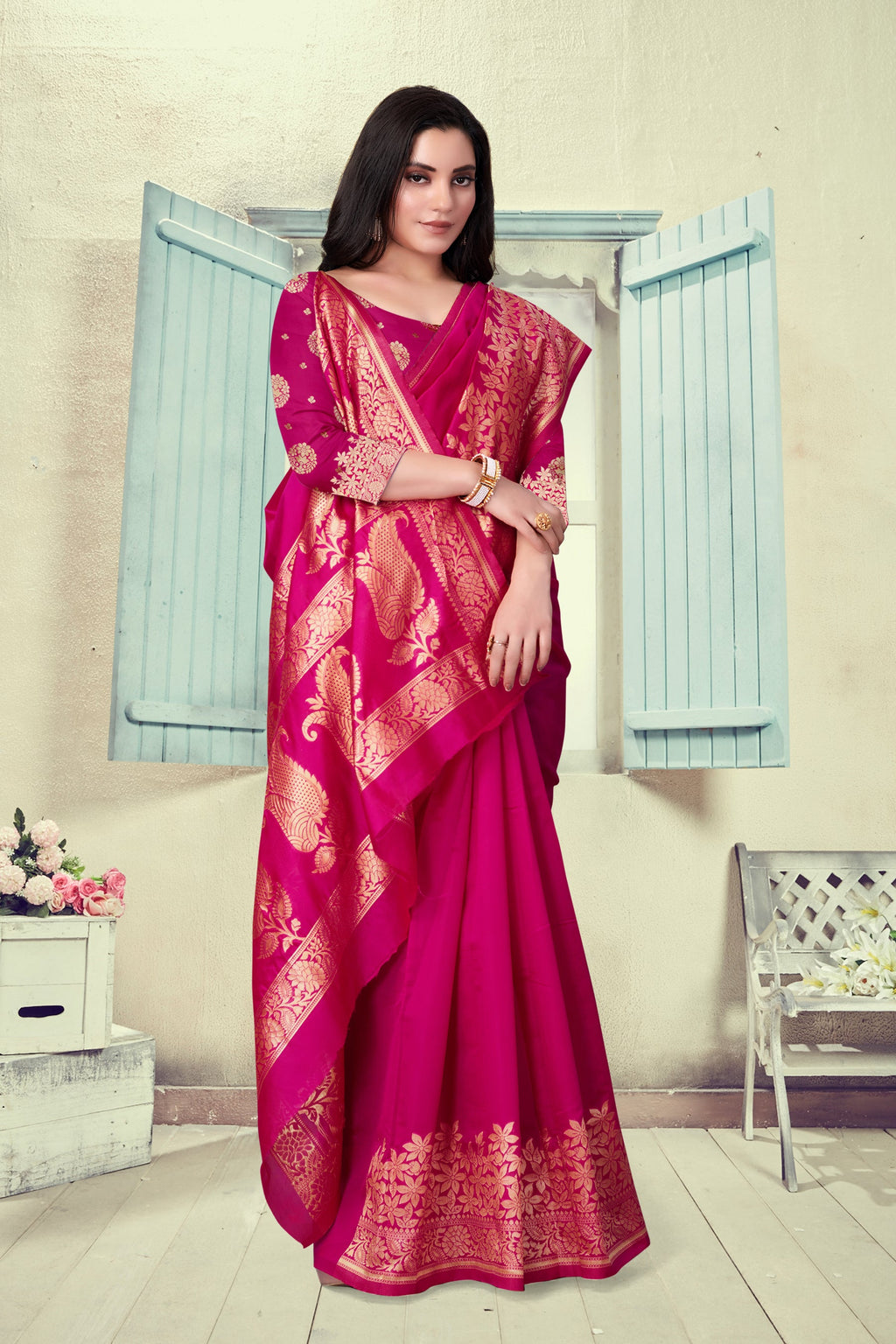 Vedant Vastram Litchi Silk Designer Banarasi Saree - Magenta - Distacart