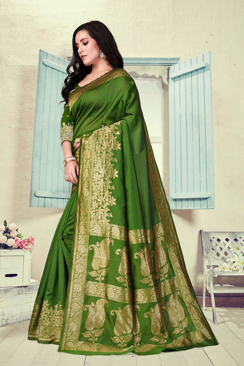 Vedant Vastram Litchi Silk Designer Banarasi Saree - Mehndi - Distacart