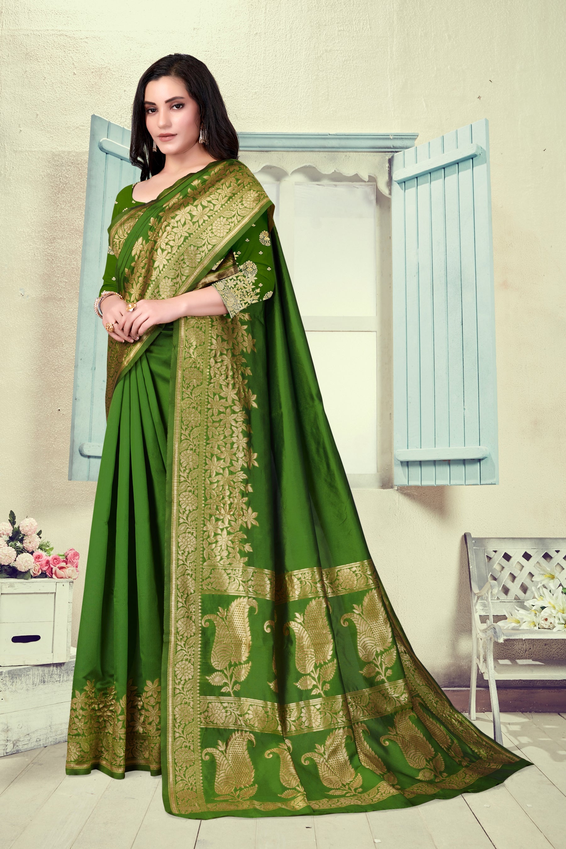 Vedant Vastram Litchi Silk Designer Banarasi Saree - Mehndi - Distacart