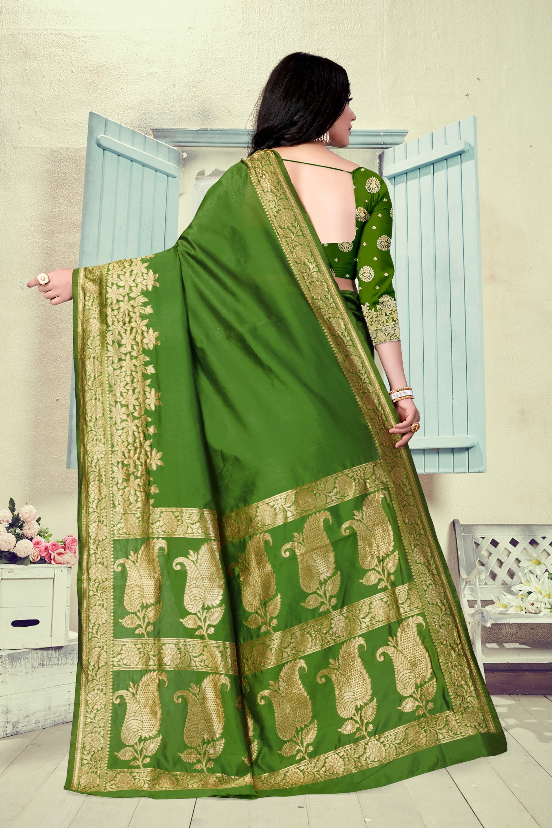Vedant Vastram Litchi Silk Designer Banarasi Saree - Mehndi - Distacart