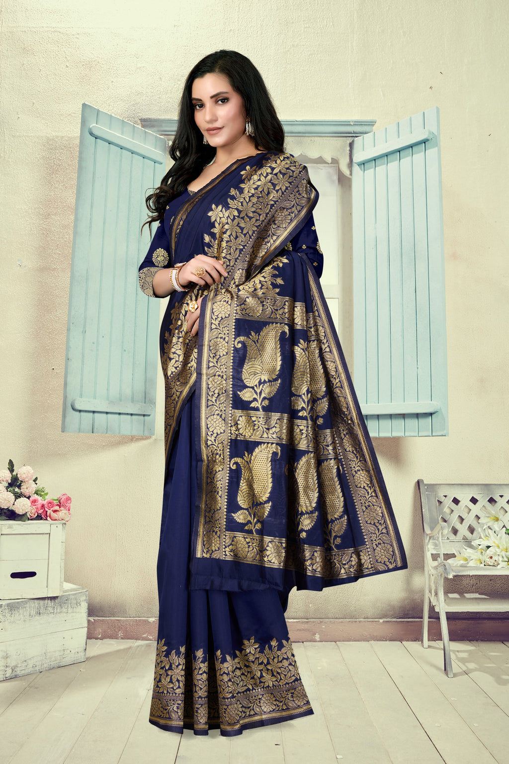 Vedant Vastram Litchi Silk Designer Banarasi Saree - Navy Blue - Distacart
