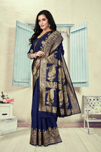 Vedant Vastram Litchi Silk Designer Banarasi Saree - Navy Blue - Distacart